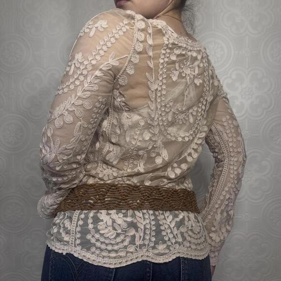 Sheer Cream Lace Long Sleeve Blouse Boho Flared Sleeves Womens S/M by Wishlist - Picture 3 of 5